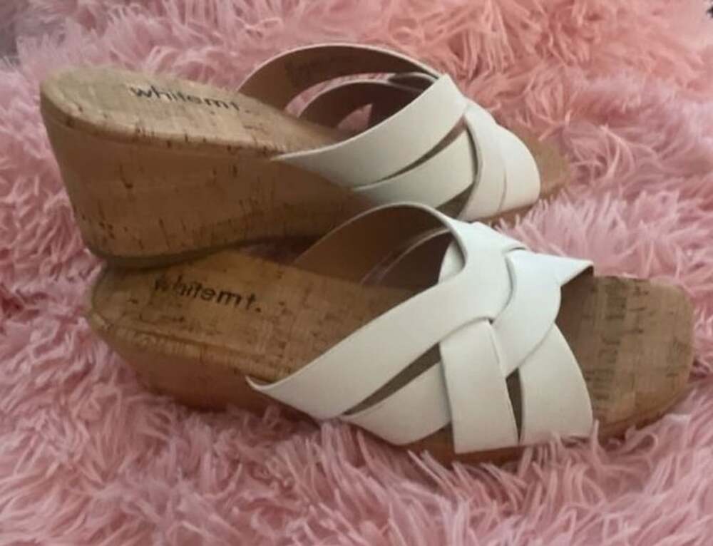 White Mountain Wedge Sandals White Cross Strap Cork Slide - Picture 2 of 9